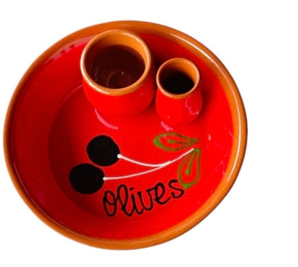 Antipasti/ Oliven/Tapas Schale Ton, glasiert rot mit Olivendekor.