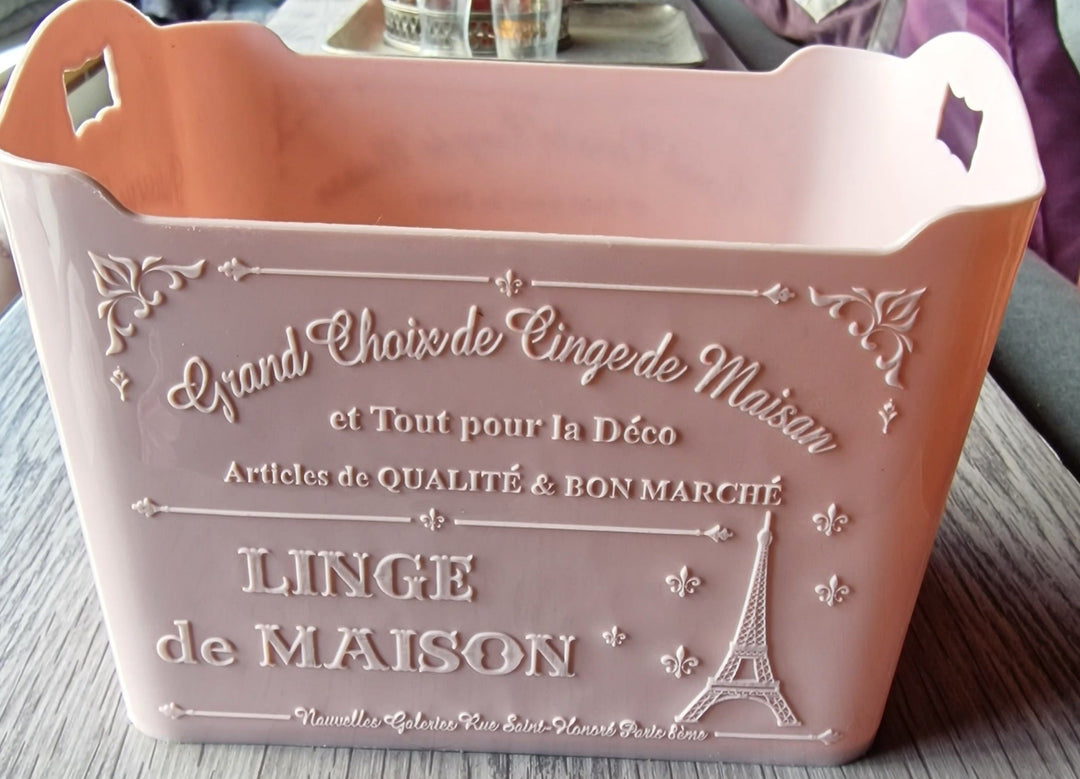 Aufbewahrungsbox, altrosa mit französischen Schriftzügen