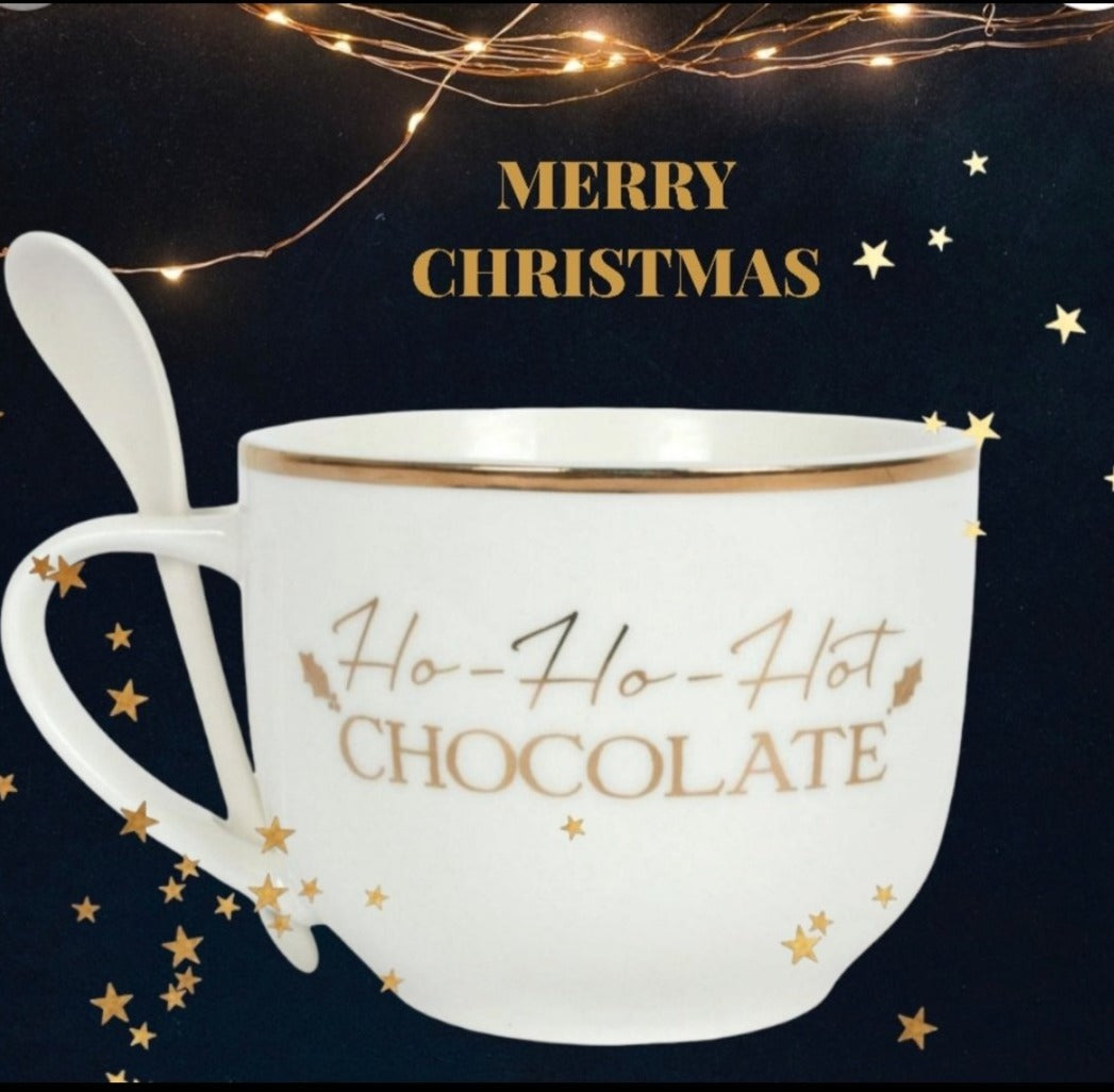 Becher mit Löffel Set "Ho -Ho-Hot chocolate" in schöner Geschenkverpackung - British Moments / Fernweh-Kaufhaus