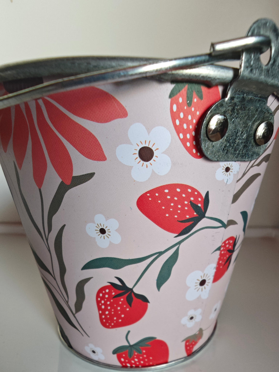 Blech-Pflanztöpfchen mit Henkel und Holzgriff  , "Strawberries"