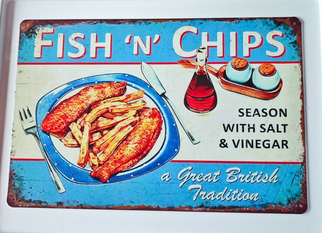 Blechschild ,&nbsp;
mit Beschriftung
"Fish 'n Chips" - Season with Salt &amp; Vinegar
A Great British Tradition