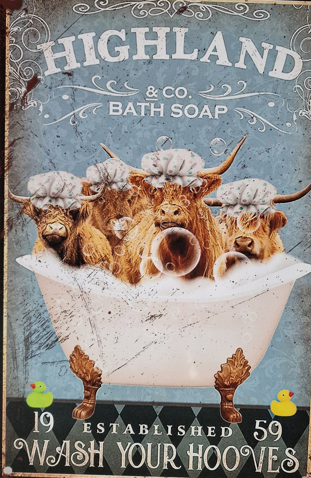 Blechschild "Highland Cows in Badewanne " (Seifenwerbung)