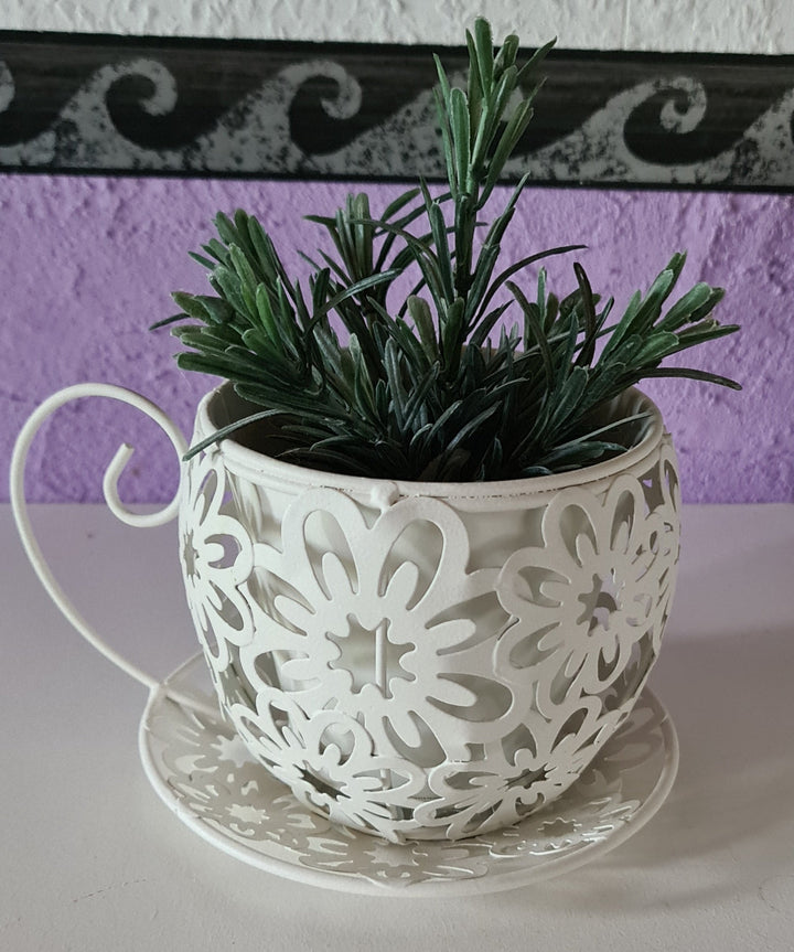 Blumentopf  " Tea -Time " in Form einer Tasse, Metall, cremeweiß