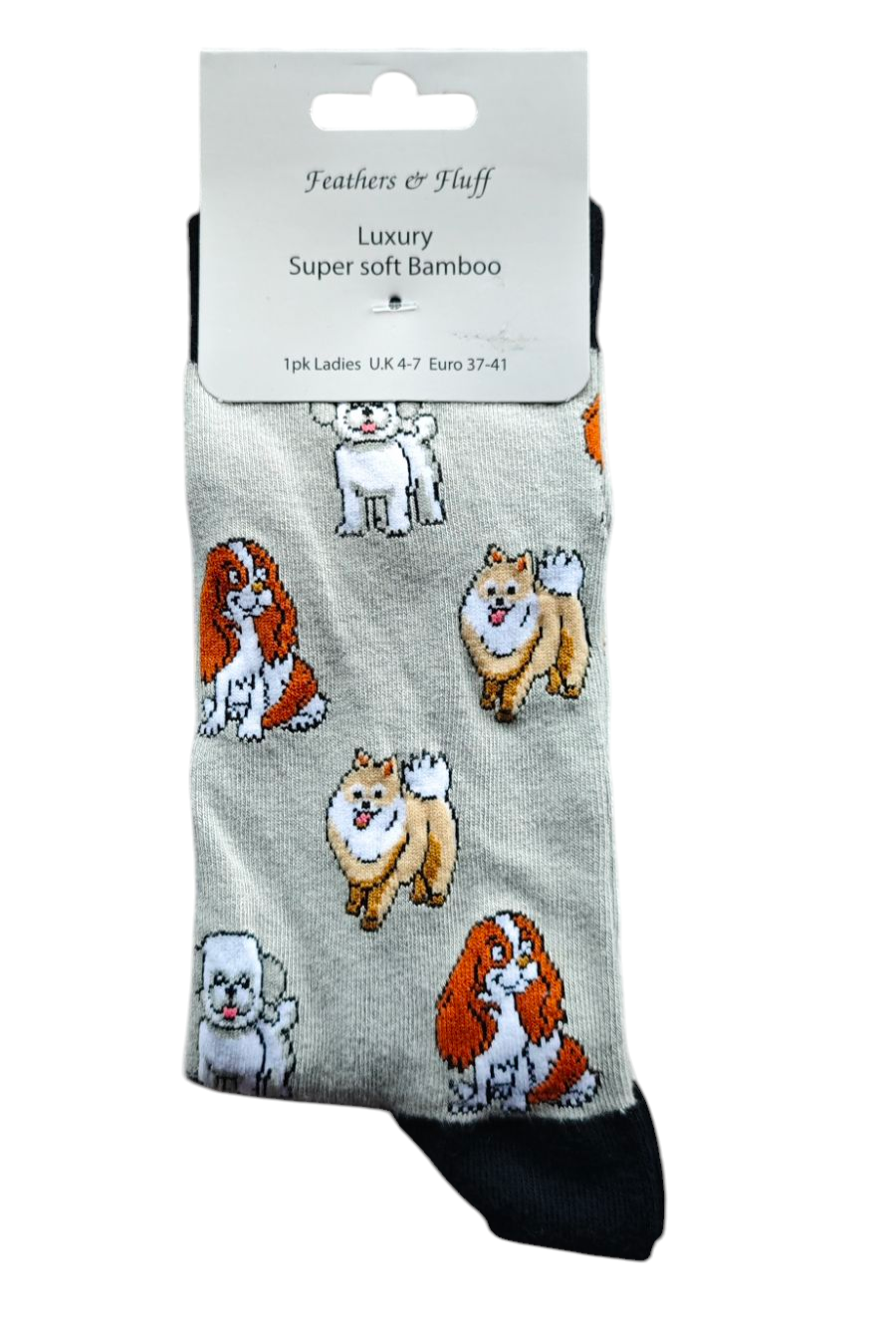 Damensocken, grau/schwarz mit lustigen Hundemotiven. Gr. 37-41