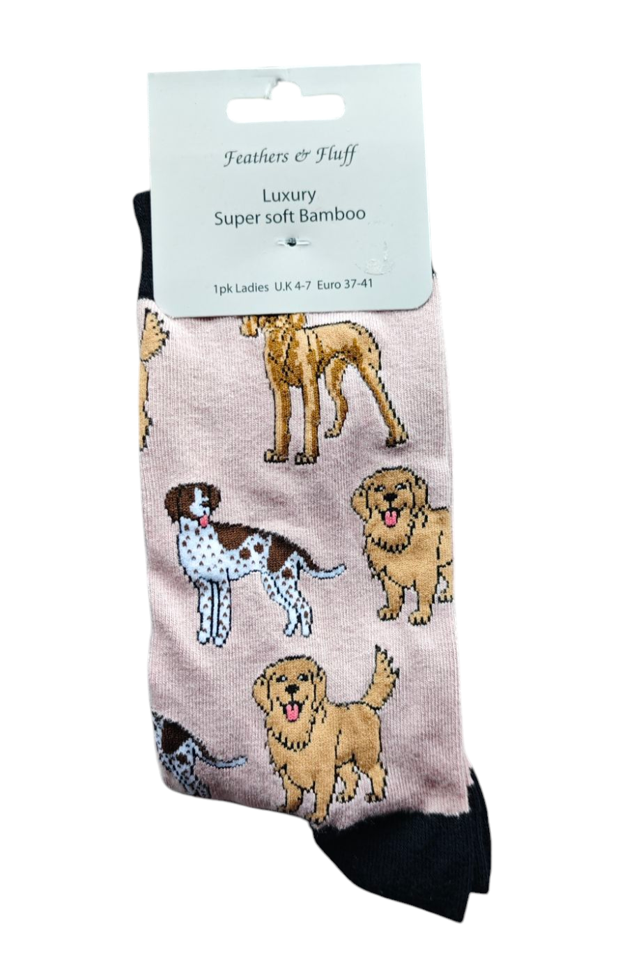 Damensocken, rosé/schwarz mit lustigen Hundemotiven. Gr. 37-41