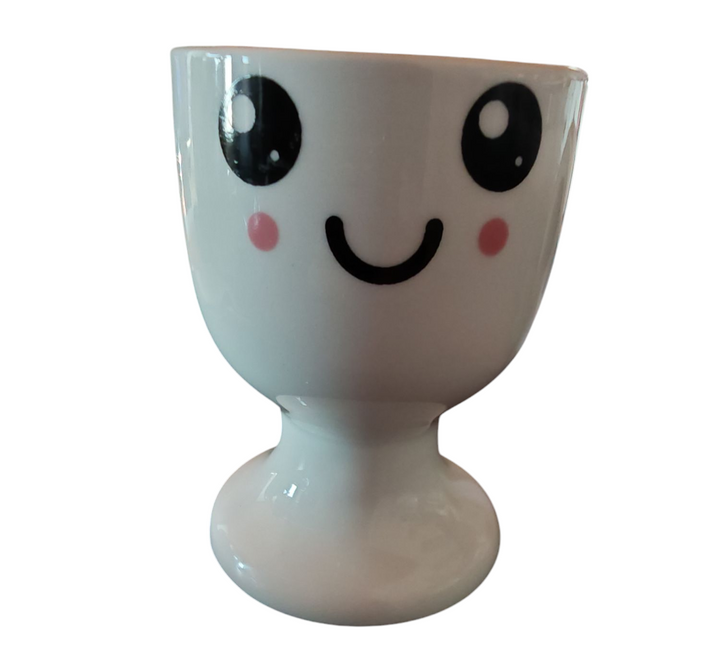 Eierbecher , weiß mit 2 Gesichtern "gut gelaunt / Morgenmuffel"