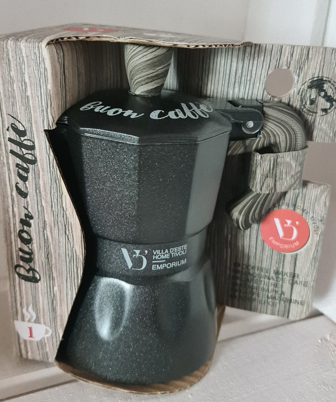 Espresso Bereiter, anthrazitgrau mit Beschriftung " o vuo'o cafe?" - British Moments / Fernweh-Kaufhaus