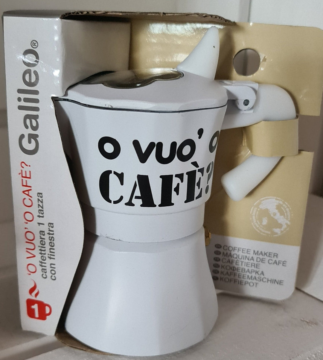 Espresso Bereiter, weiß  mit Beschriftung " o vuo'o cafe?" - British Moments / Fernweh-Kaufhaus
