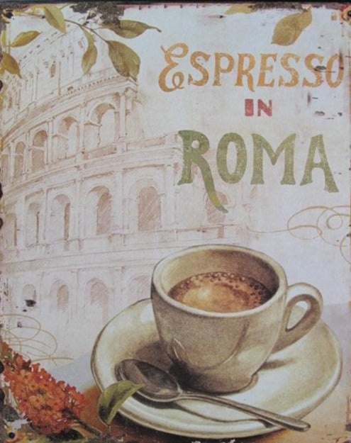 Blechschild  ca. 25 cm  x 20 cm mit Beschriftung "Espresso in Roma" - British Moments