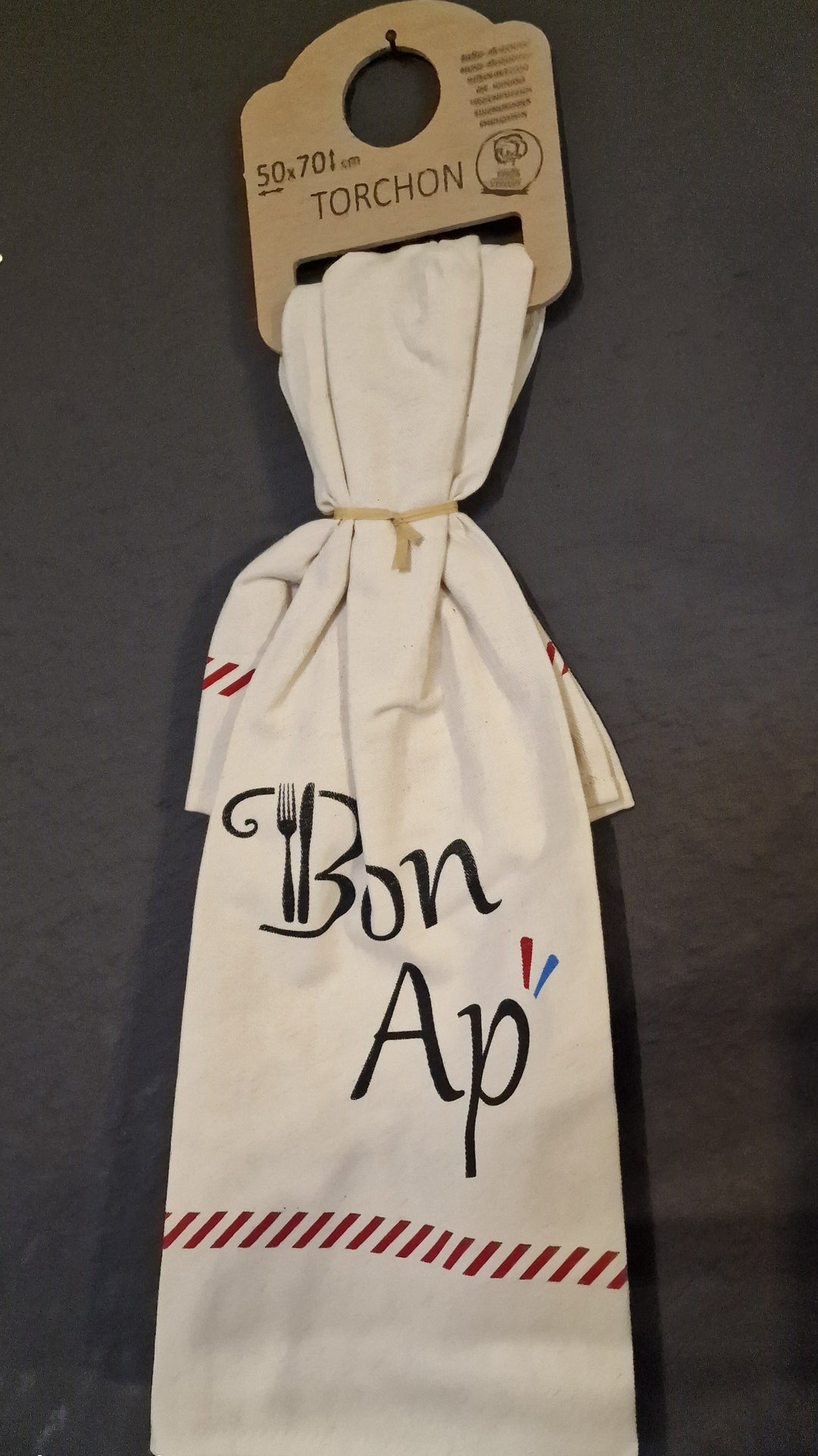 Geschirrtuch,  beige, mit Beschriftung " Bon Ap"