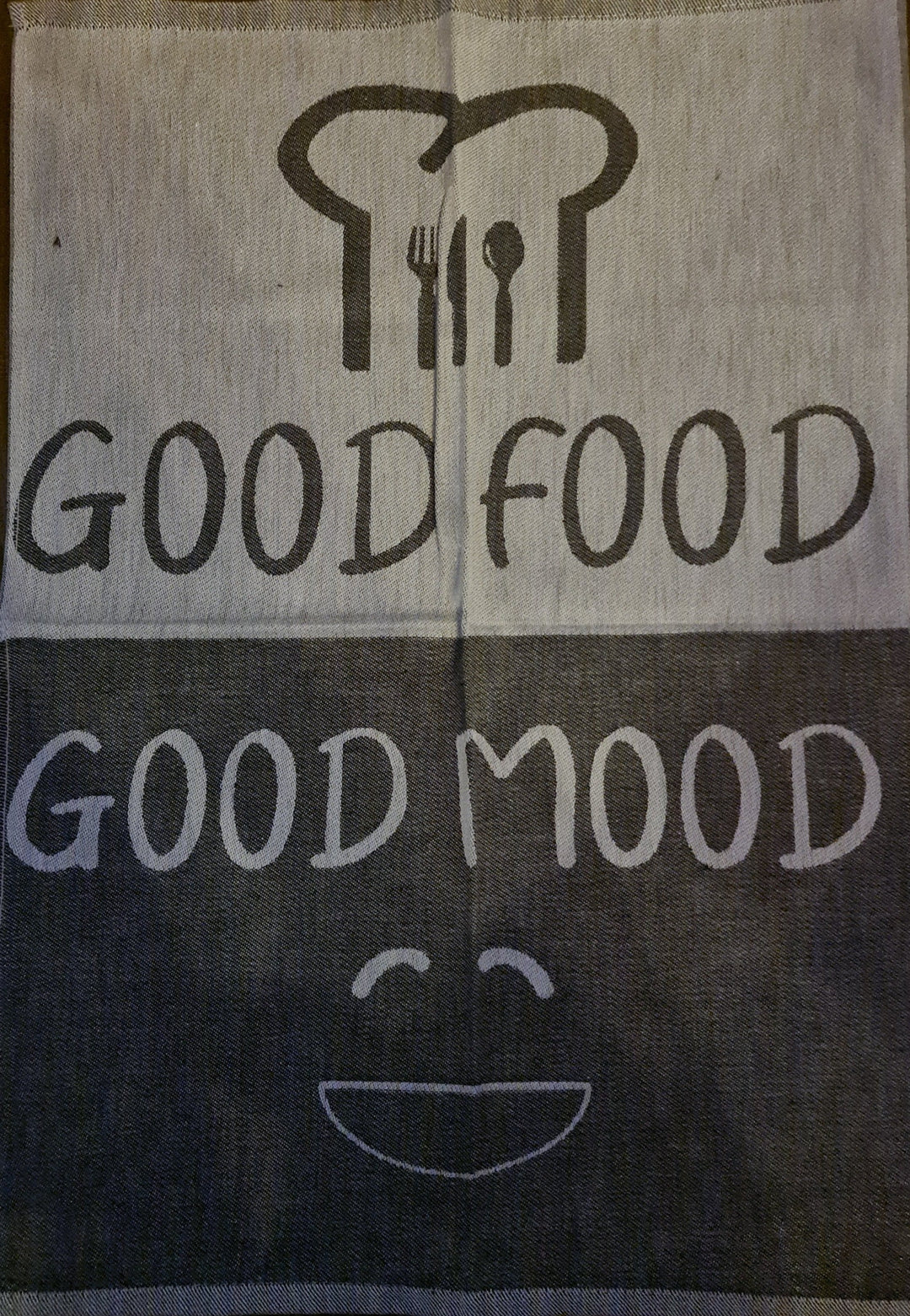 Geschirrtuch, hellgrau/dunkelgrau  mit Beschriftung "Good food good mood " - British Moments