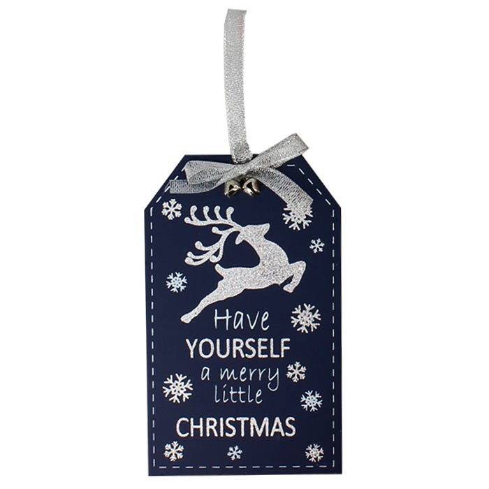 Hängeschild  blau mit silbern glitzernder Beschriftung :  Have yourself a merry little christmas ca. 15 cm x 6 cm - British Moments