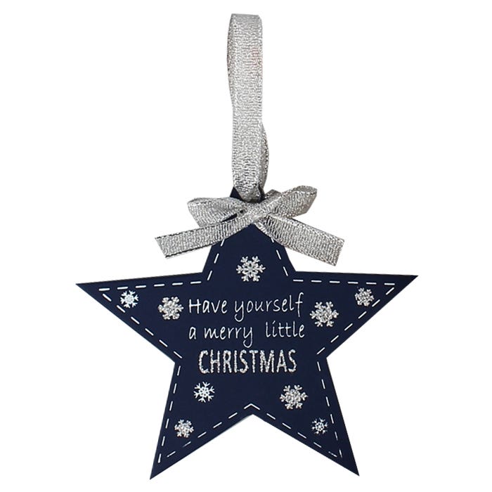 Hängeschild  "Stern" , blau mit silbern glitzernder Beschriftung :  Have yourself a merry little christmas ca. 15 cm x 6 cm - British Moments