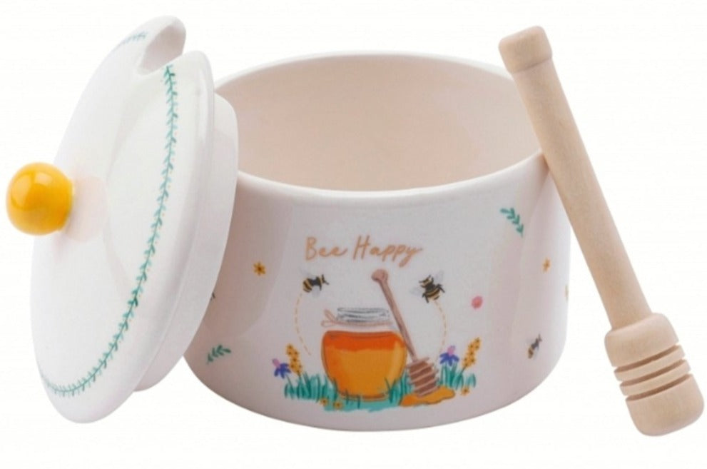 Honigtopf "Bee happy" mit Honiglöffel (Drizzler) aus Holz - British Moments