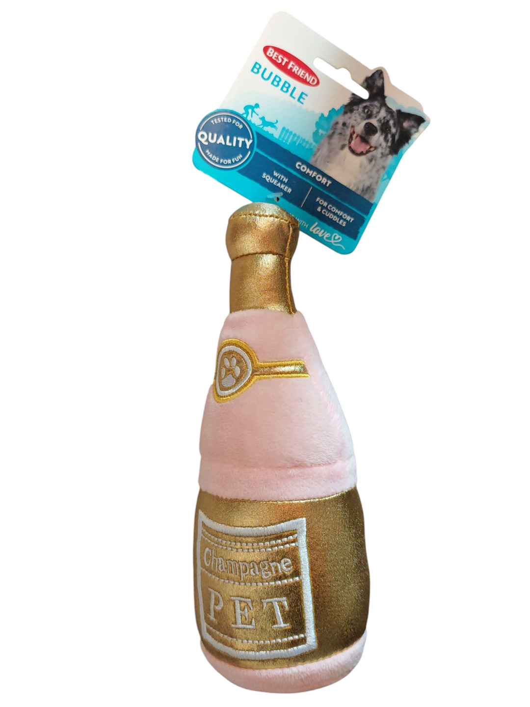 Hundespielzeug in Form einer Rosé Champagner -Flasche , Stoff, Plüsch