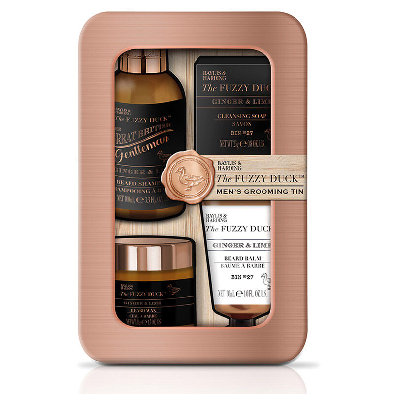 INGWER UND LIMETTEN-PFLEGE-SET FÜR GENTLEMEN IN DEKORATIVER BRONZEFARBIGER BLECHDOSE - British Moments