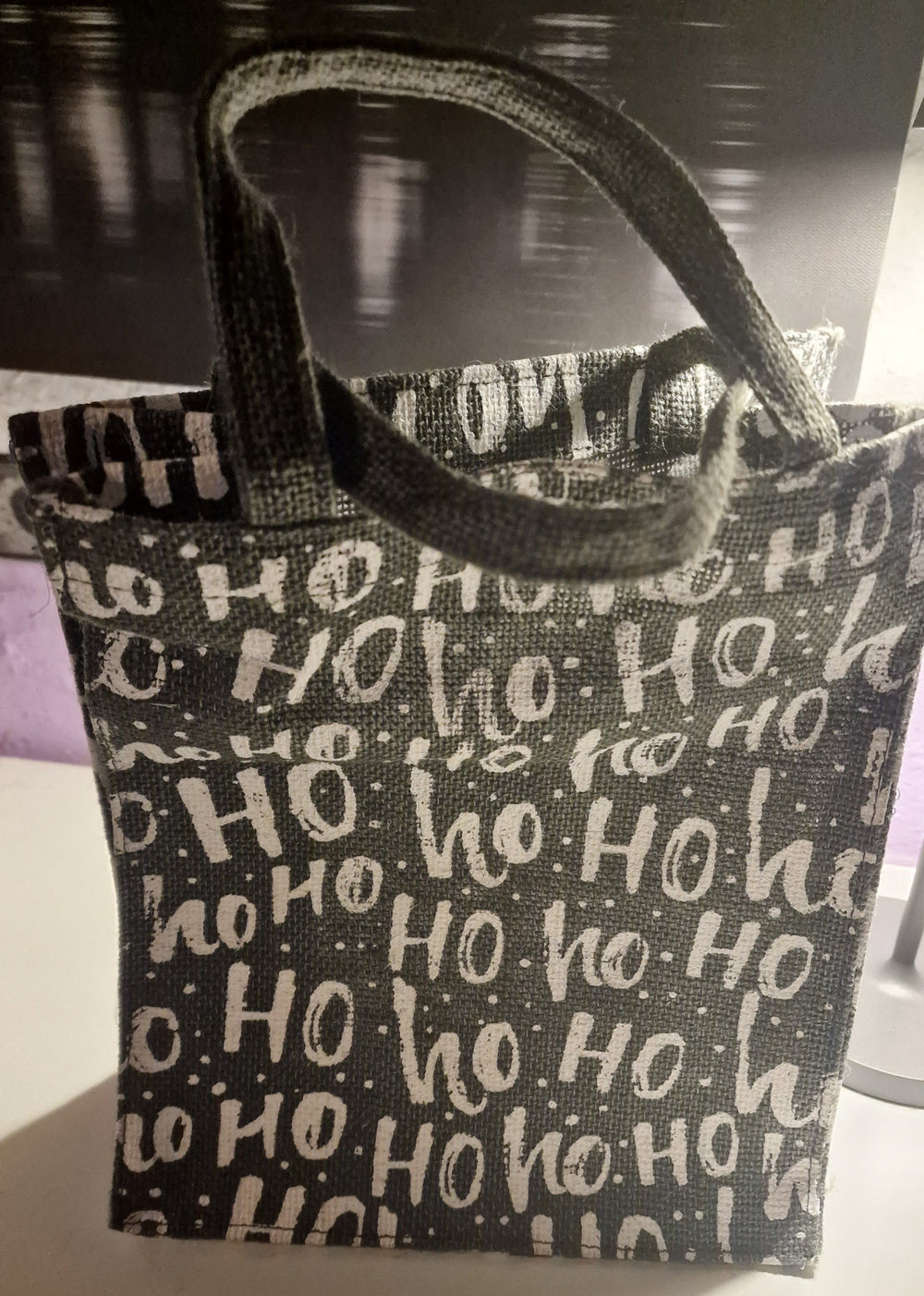 Jute Tasche  "Ho Ho Ho ", grau mit weißer Beschriftung