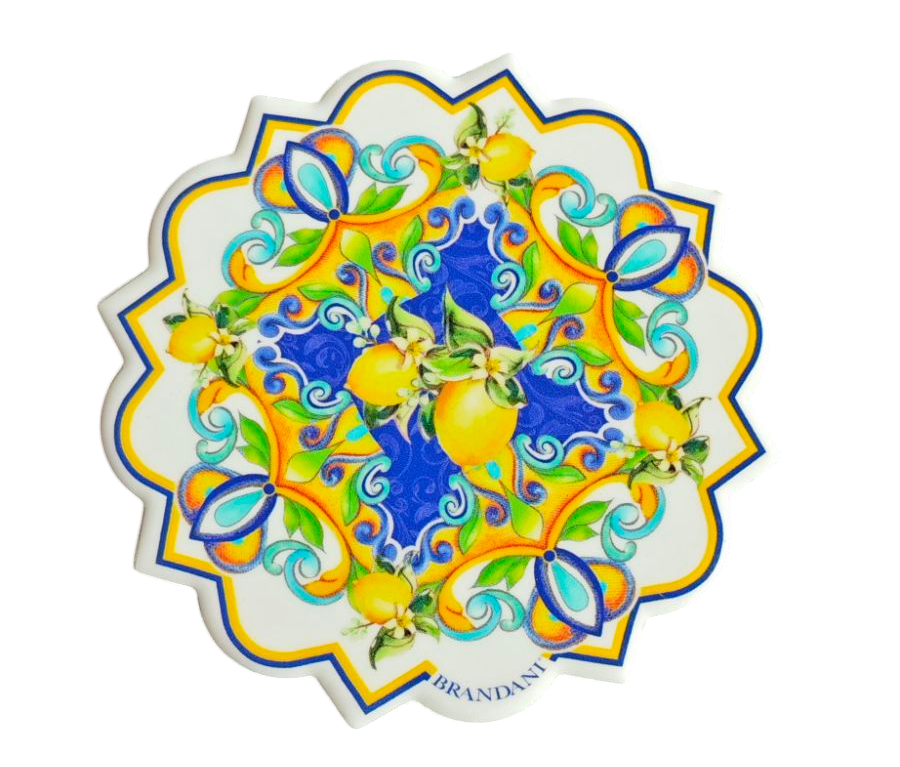 Keramik Untersetzer mit wundervoll italienischem Zitronen -Motiv , 10,5 cm, weiß