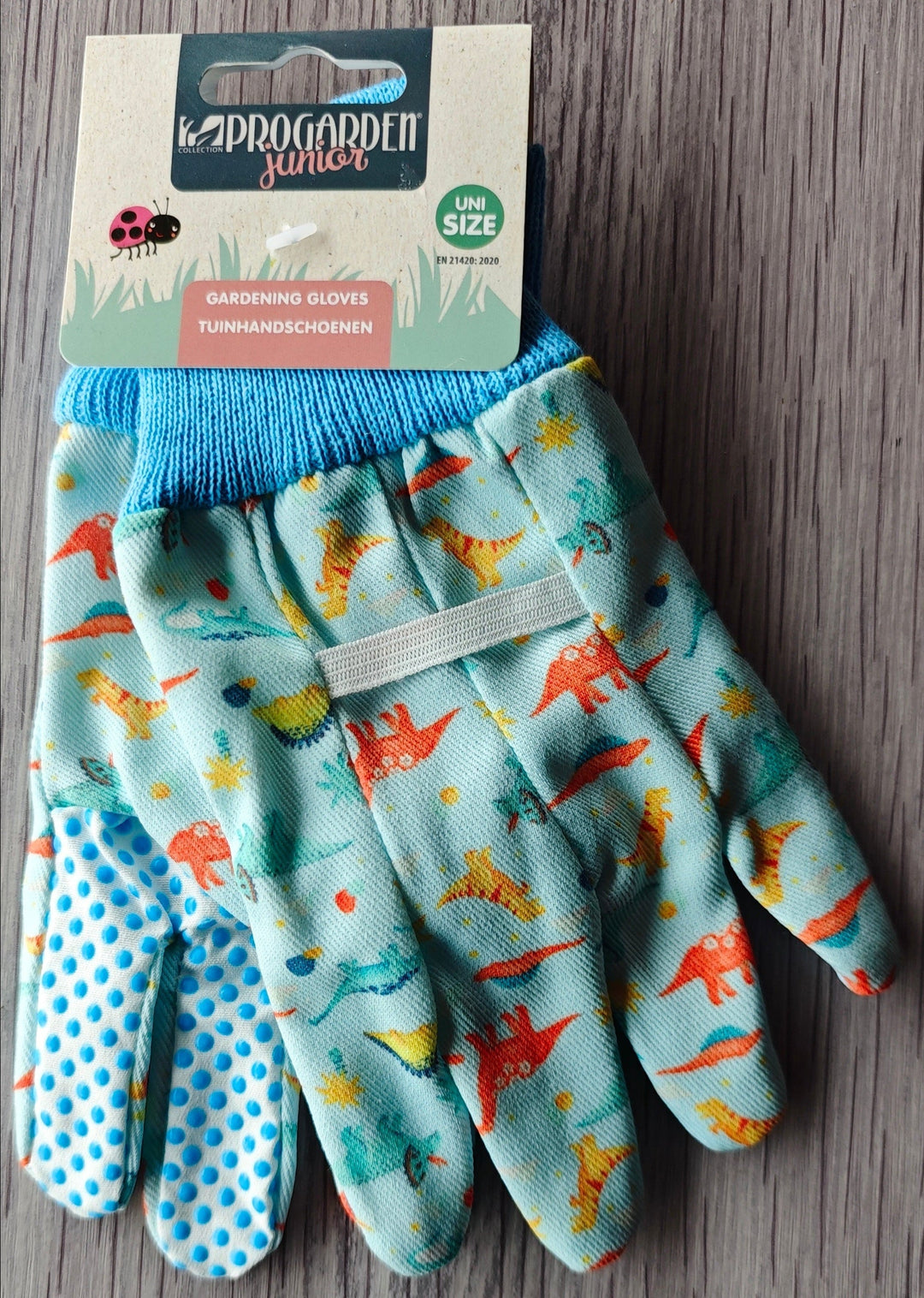 Kinder Gartenhandschuhe mit lustigen Dino-Motiven,
hellblau