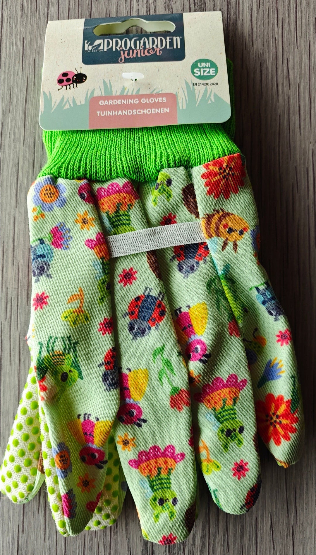 Kinder Gartenhandschuhe mit lustigen Tiermotiven, grün