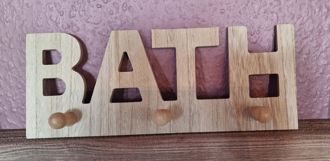 Kleiderhaken für's Badezimmer "BATH," Holz natur