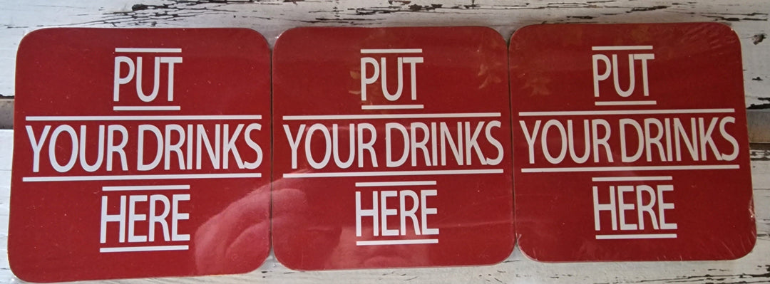Kork Untersetzer mit Druck  "Put your drinks here", 3er Set, rot