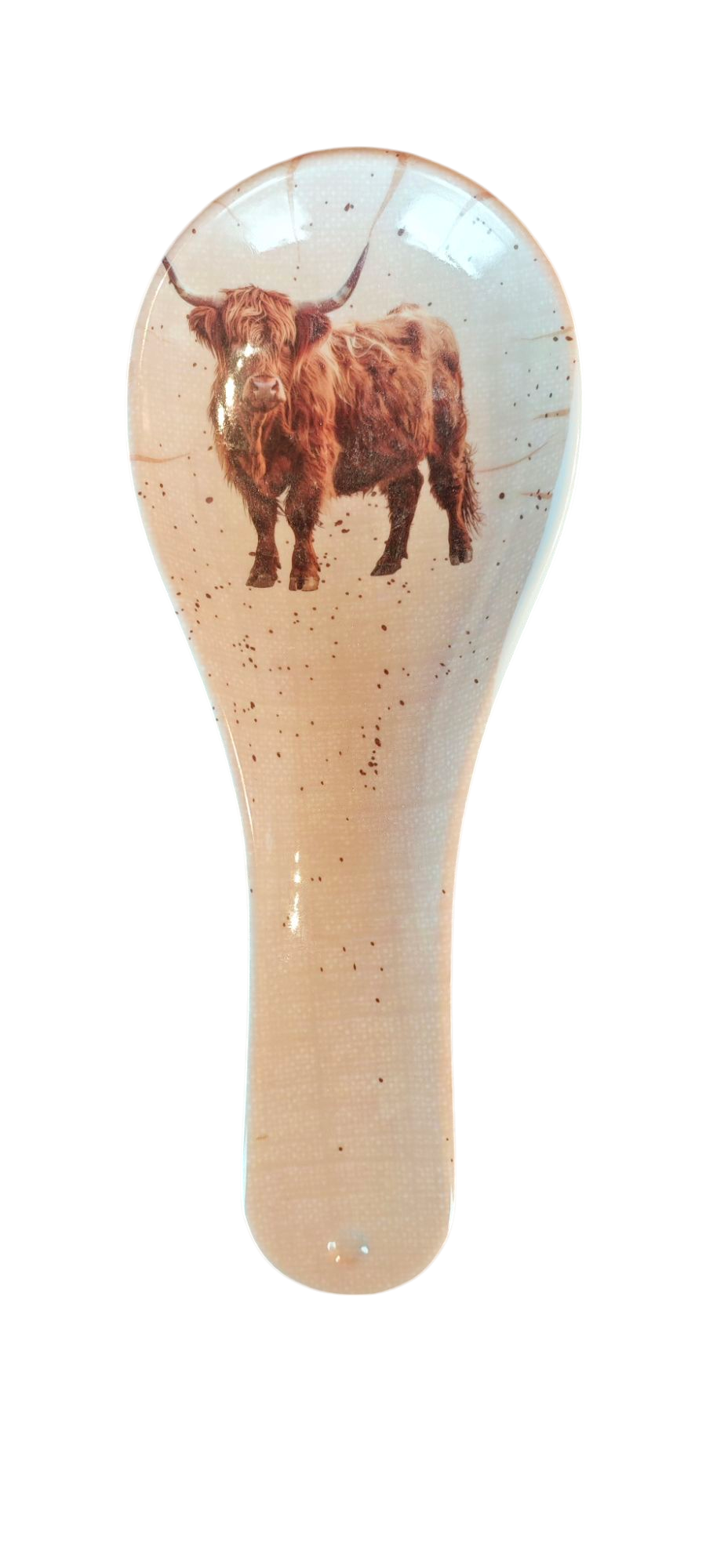 Löffel- Ablage ( Spoon-Rest) , Kunststoff, mit Motiv "Highland Cow", beige