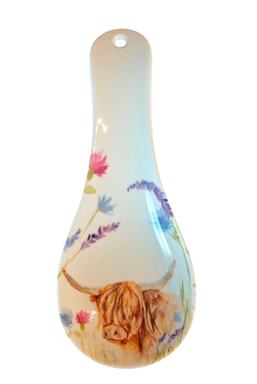 Löffel- Ablage ( Spoon-Rest) , Kunststoff, mit Motiv "Highland Cow", beige ,mit Blümchen