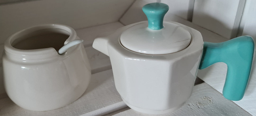 Milch-und Zucker Set in Espressobereiter-Optik ( beige/türkis) - British Moments / Fernweh-Kaufhaus