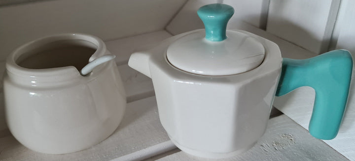 Milch-und Zucker Set in Espressobereiter-Optik ( beige/türkis) - British Moments / Fernweh-Kaufhaus