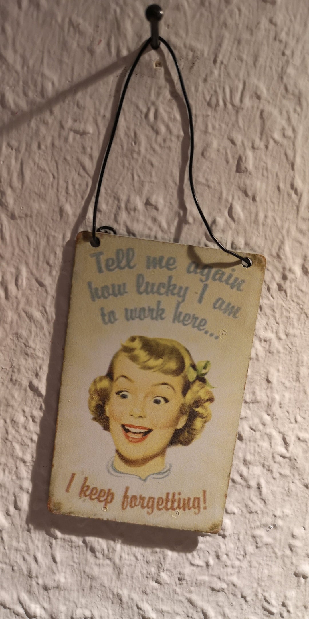 Mini Metallschild " Tell me again how happy I am to work here... I keep forgetting !" - British Moments