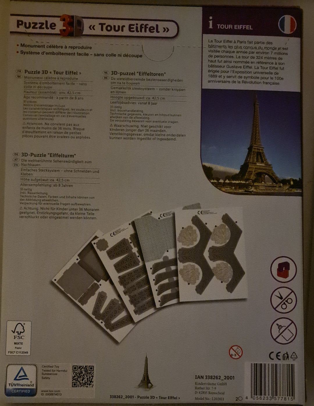 3 D Puzzle, "Eiffelturm"  30-teilig. Höhe aufgebaut 40,5 cm - British Moments / Fernweh-Kaufhaus