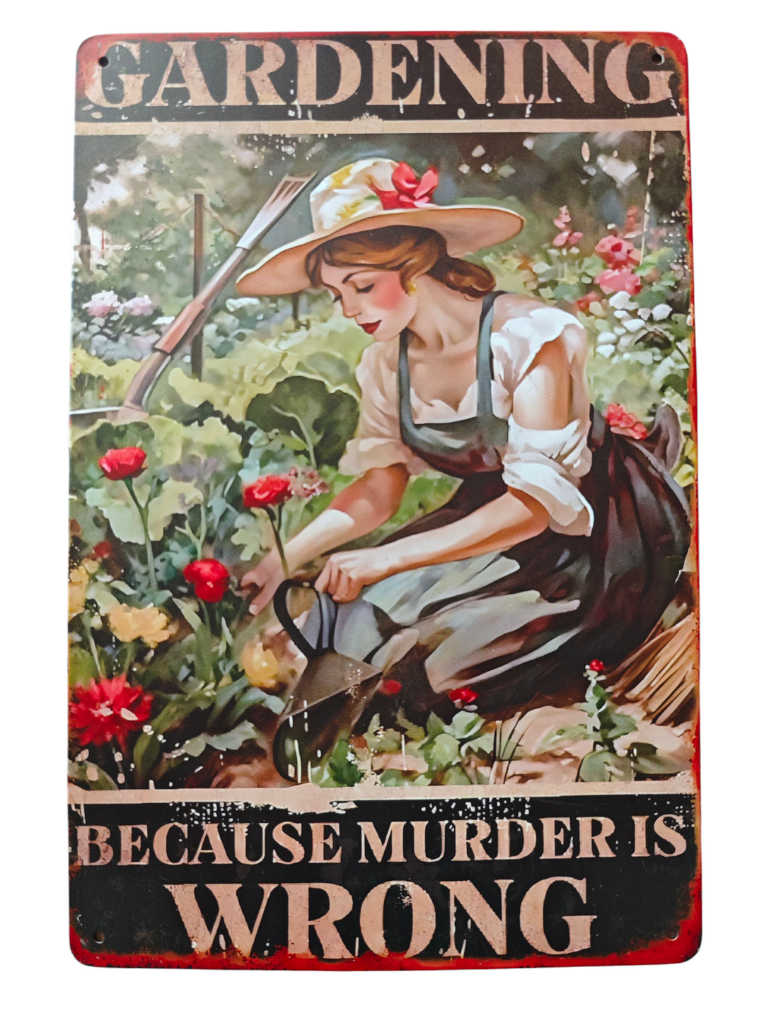 Blechschild " Gardening....because murder is wrong" , Motiv Lady mit Hut