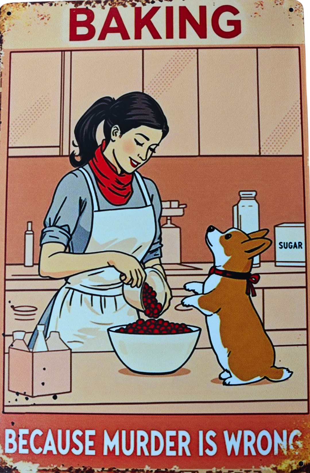Blechschild " Baking....because murder is wrong" ca. 30 cm  x 20 cm Motiv Corgi