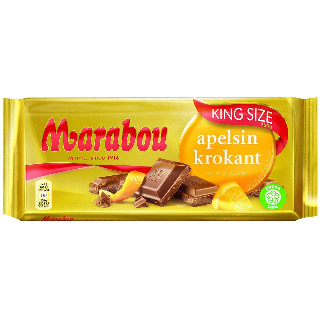 Marabou Schokolade aus Schweden "Apelsin Krokant" King Size Tafel 250 gr. - British Moments / Fernweh-Kaufhaus