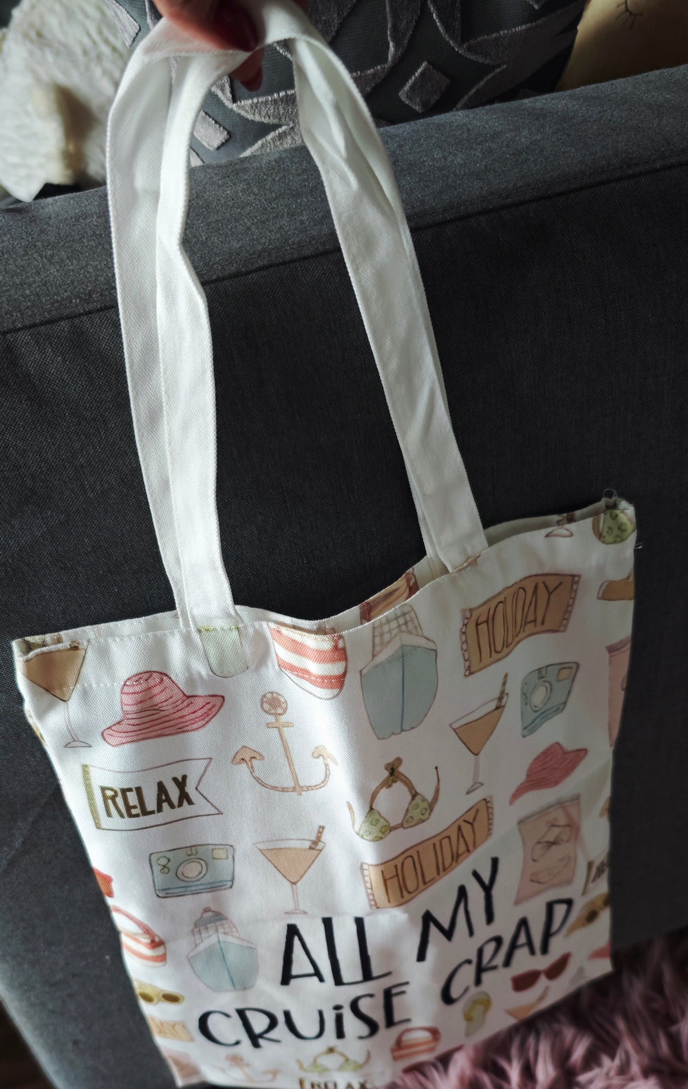 Stoffbeutel mit Kreuzfahrt Motiven "All my Cruise Crap"