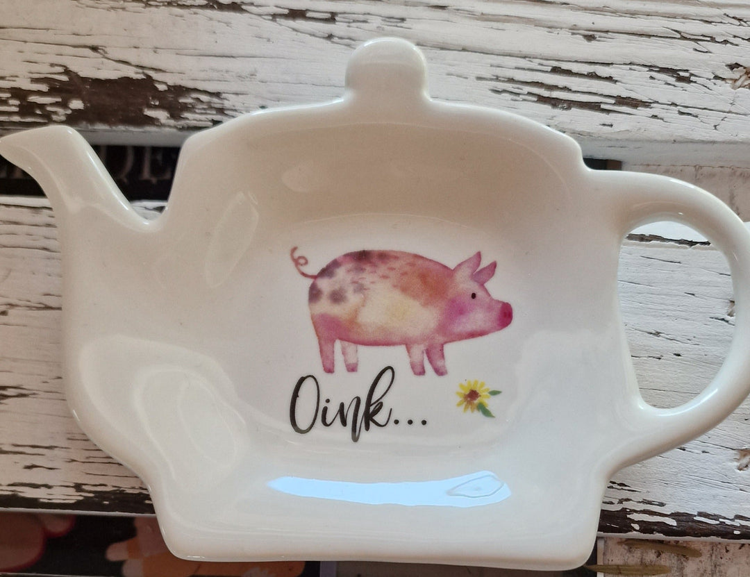 Teebeutel-Ablage, weiß mit Schweinchen- Dekor und Beschriftung "oink..." 