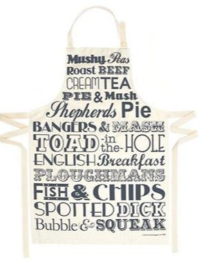 VICTORIA EGGS  Schürze, grau, Motiv "English Dinner" , Handarbeit , bekannt aus dem englischen Fernsehen, - British Moments