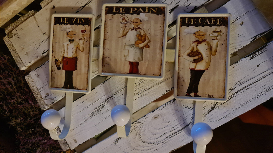 3er Wandhaken mit Beschriftung " Le Vin, Le Pain, Le Cafe" - British Moments / Fernweh-Kaufhaus