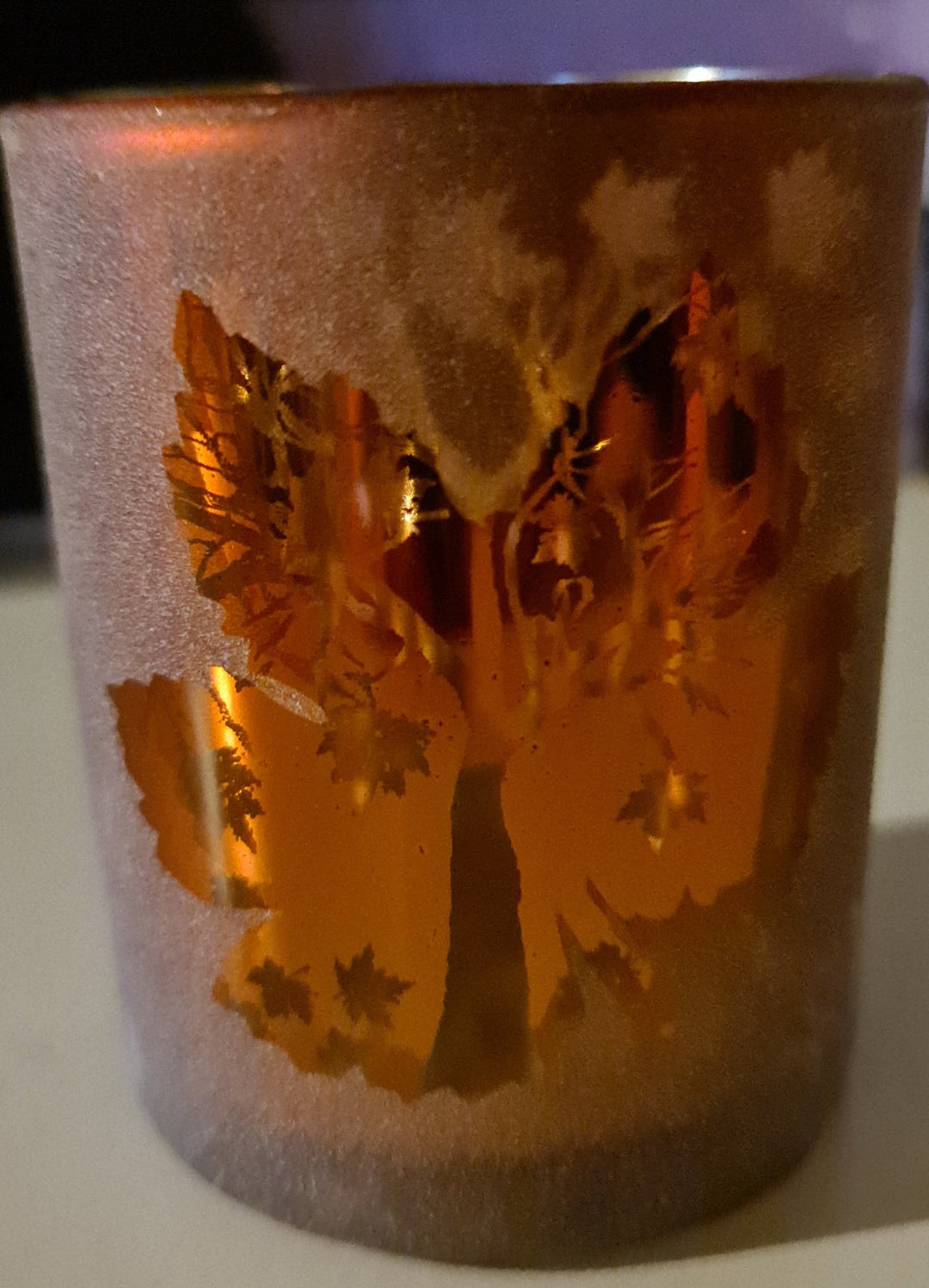 Windlicht /Teelichtglas /Kerzenglas , herbstbraun, Motiv "Herbstlaub" - British Moments / Fernweh-Kaufhaus