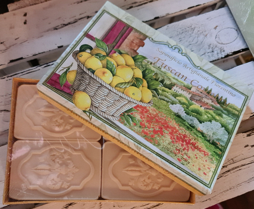 4 er Set Zitronenseifen aus der Toskana ( 4x125 gr), in Handarbeit hergestellt - British Moments / Fernweh-Kaufhaus