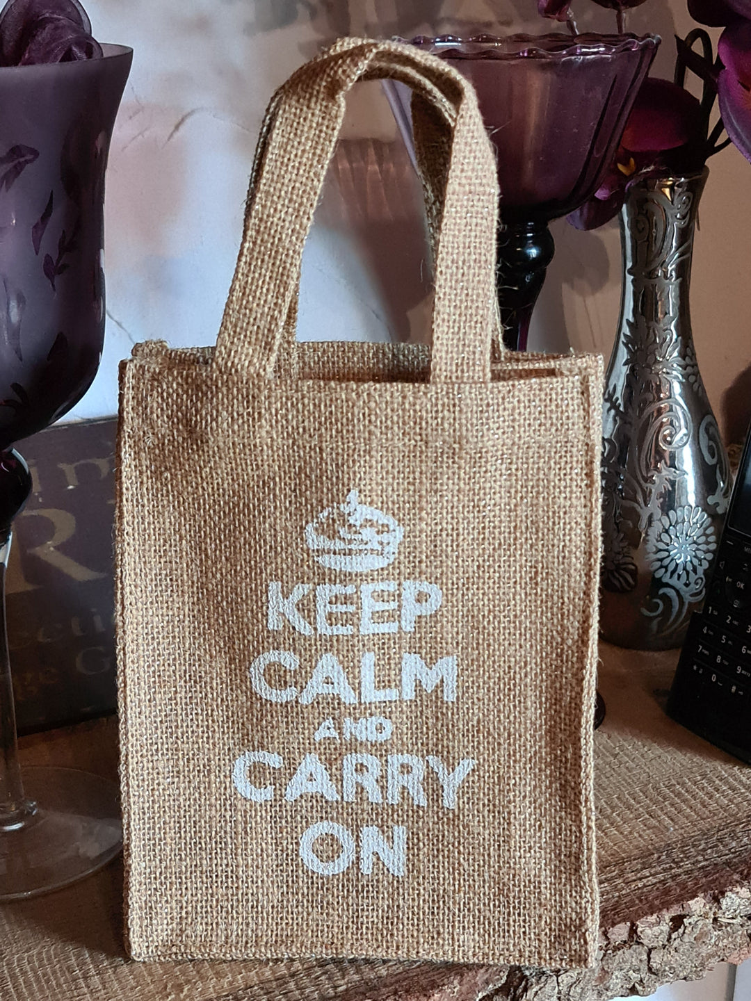 Kleine Jute Tasche " Keep calm and Carry  on " - British Moments