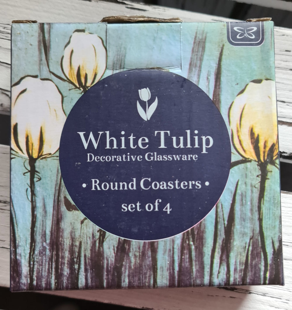 Glasuntersetzer, 4 er Set, rund  "White Tulip" - British Moments
