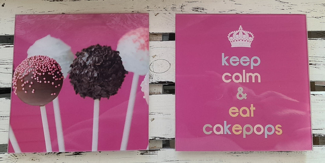 Glasbilder 2er Set  "Keep Calm and eat Cake Pops "ca. 20 cm  x 20 cm , pink - British Moments