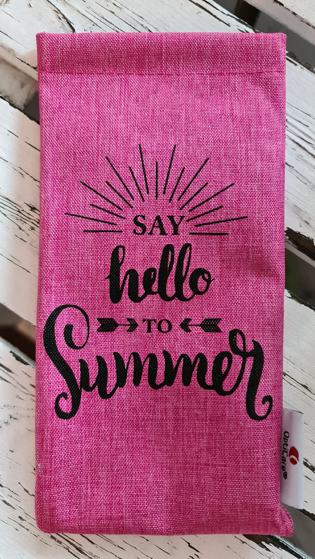 Brillen Etui für Sonnenbrille, pink mit Beschriftung say Hello to sum –  British Moments / Fernweh-Kaufhaus
