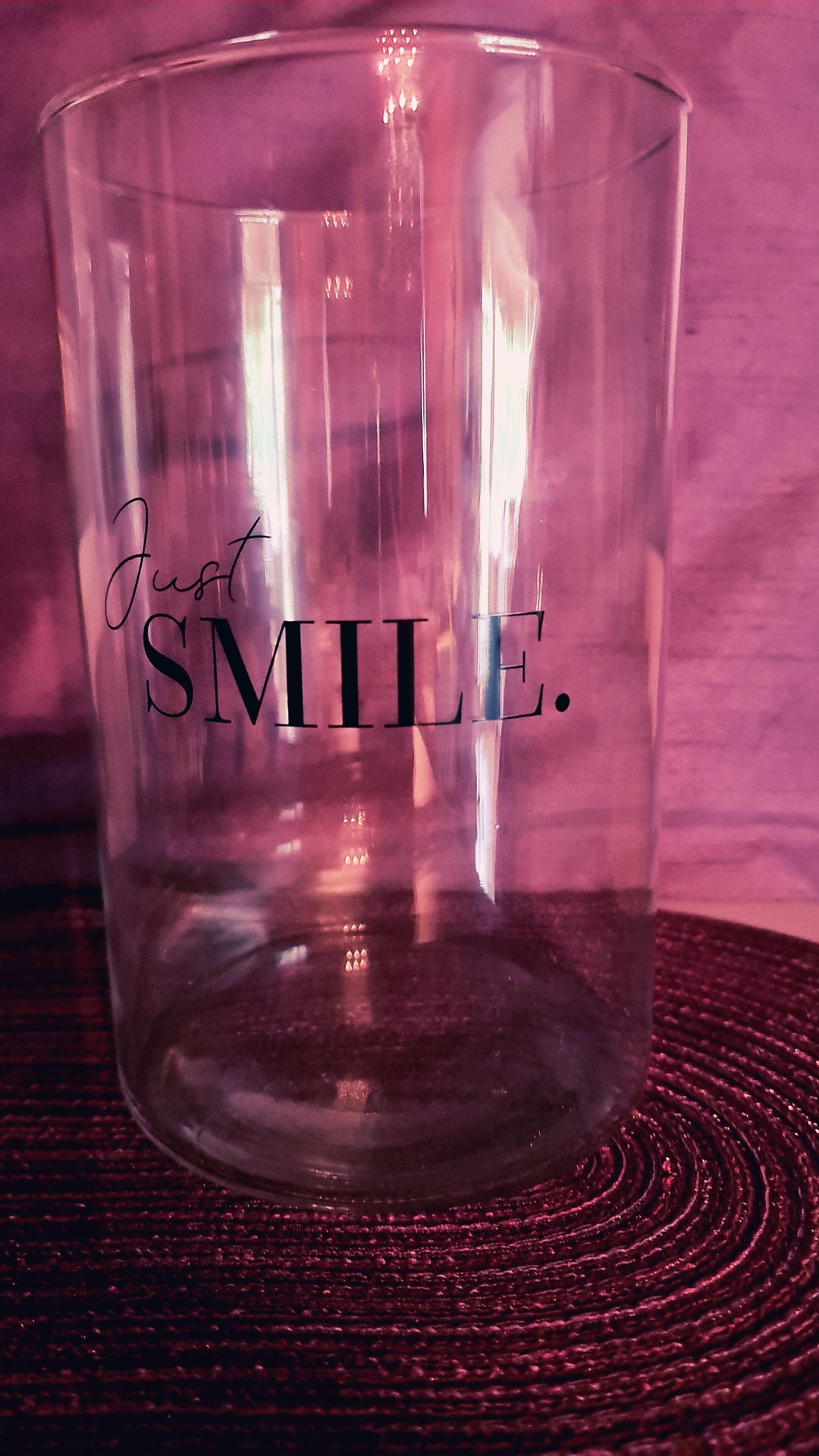 Windlicht, Glas mit Beschriftung "Just smile" - British Moments / Fernweh-Kaufhaus