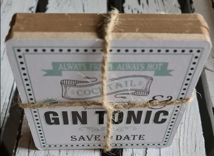 Untersetzer, 4 er Set, eckig,  "Gin Tonic - Save the date" - British Moments / Fernweh-Kaufhaus