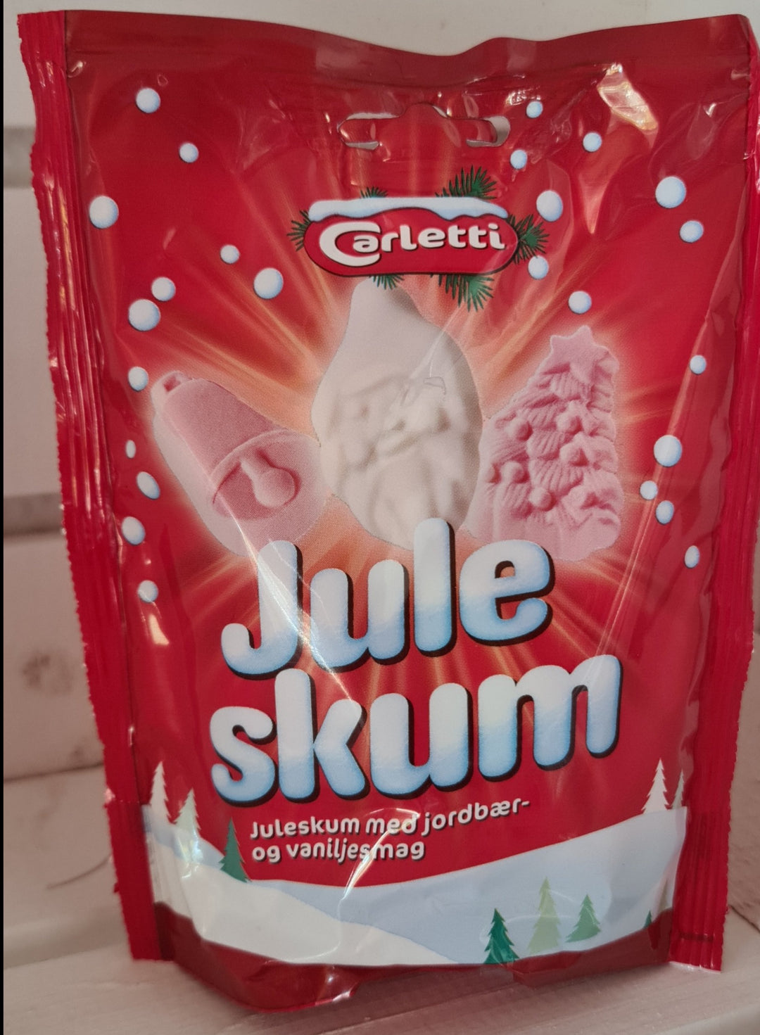 Jule Skum,  dänische  Weihnachts-Schaumgummies mit Erdbeer und Vanillegeschmack, 80 gr. Tüte - British Moments / Fernweh-Kaufhaus