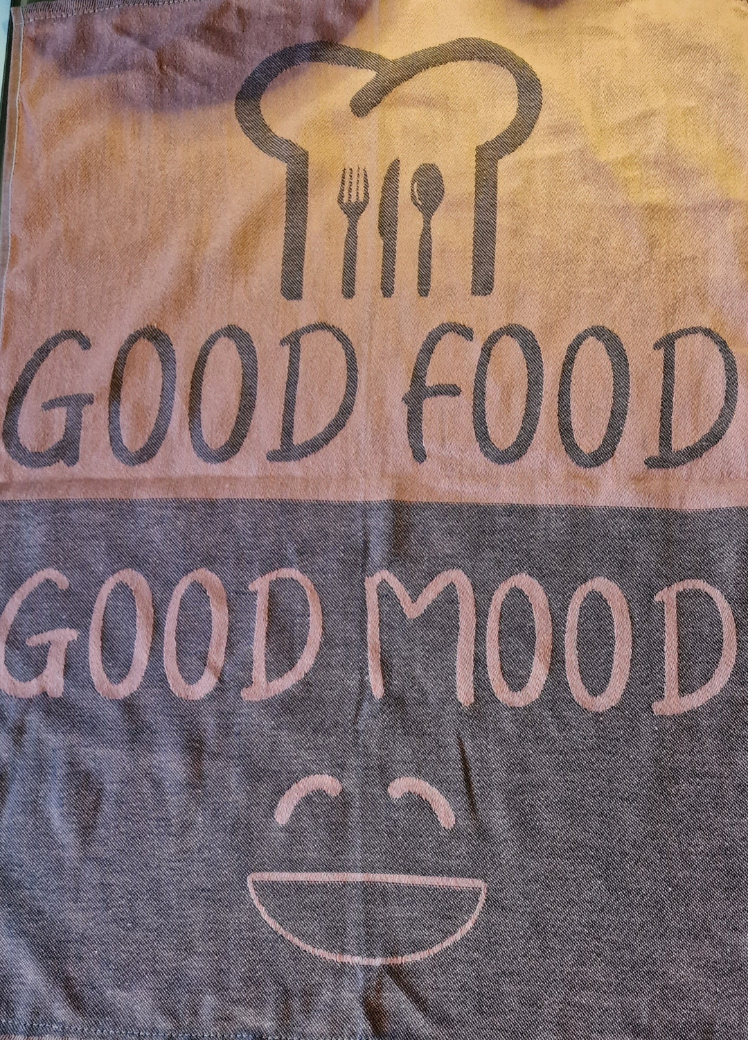  Geschirrtuch, lachs/dunkelgrau  mit Beschriftung "Good food good mood "