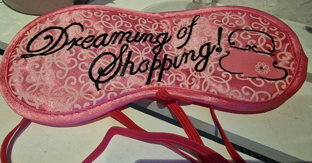 Schlaf-Augenmaske mit Beschriftung " Dreaming of shopping", pink